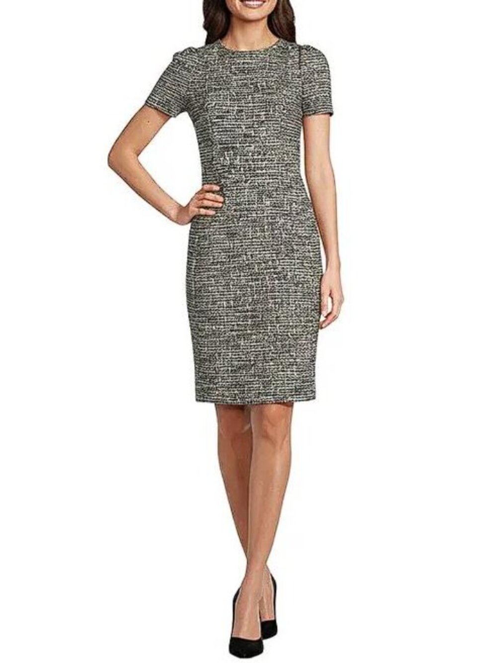 CALVIN KLEIN Women's Tweed Sheath Crewneck Dress Size 16W In Black Cream